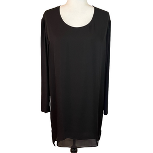 Heather Women’s Black Silk Tunic Dress Stretch Sleeve Sheer Overlay Medium LBD